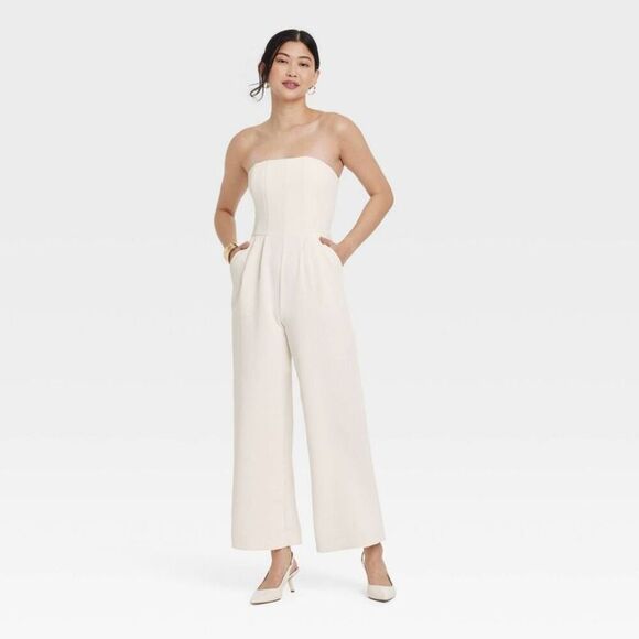 A New Day Pants - a new day Strapless Wide-Leg Jumpsuit in Off-White